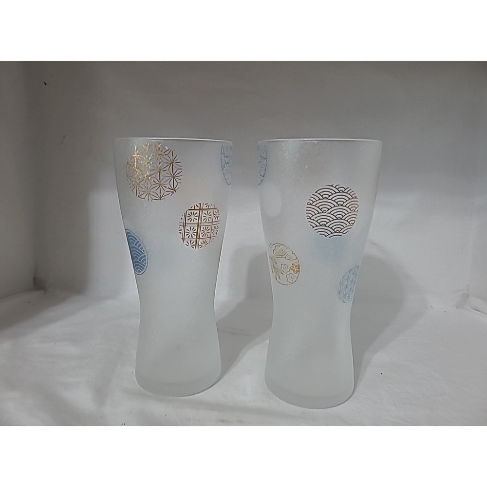 Frosted Glass Highball Tumblers Gold Blue Metallic Wave Pattern Set of 2